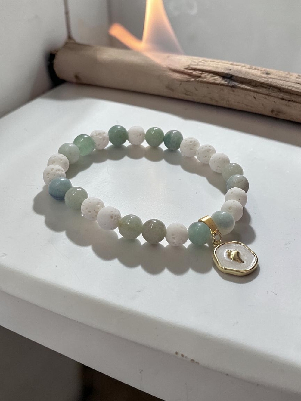 Amazonite and White Lava Bead Bracelet with Gold Charm